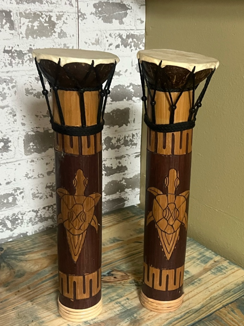 Set of 2 Tribal Djembe Drum Carved Turtle Design Tiki Coconut Bamboo 18" Tall